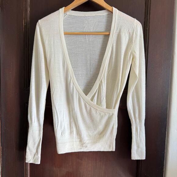 IBEX | Cream Merino Wool Arabesque Faux Wrap Yoga Sweater | Small - Picture 1 of 7